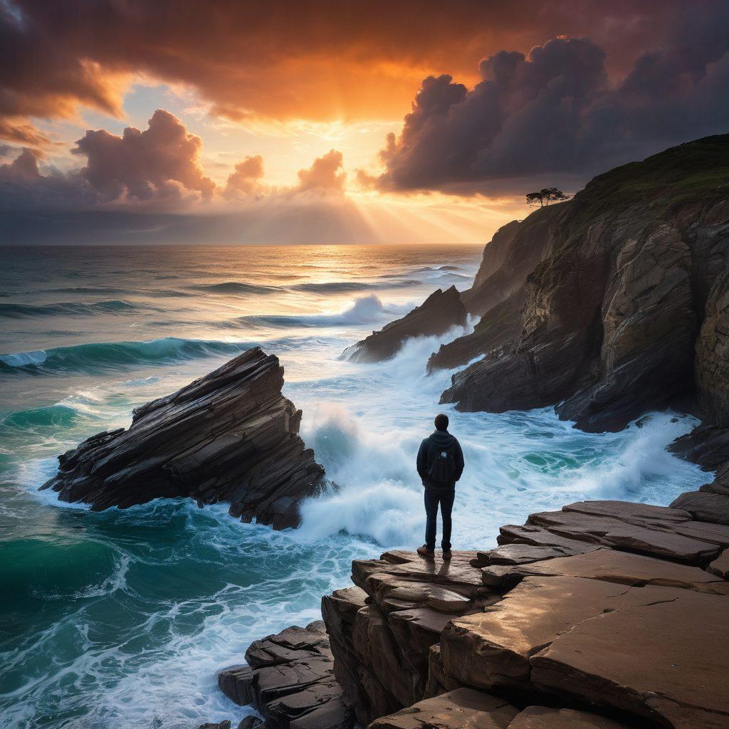 A lone figure standing on a rocky cliff, gazing at a stormy sea below which gradually transforms into a serene, clear water reflecting a peaceful sky. The figure is surrounded by swirling clouds symbolizing chaos turning into calm. Soft light beams break through the clouds illuminating the path ahead. Incorporate spiritual symbols like a faint mandala in the background. super-realistic. vibrant colors. mystical atmosphere.