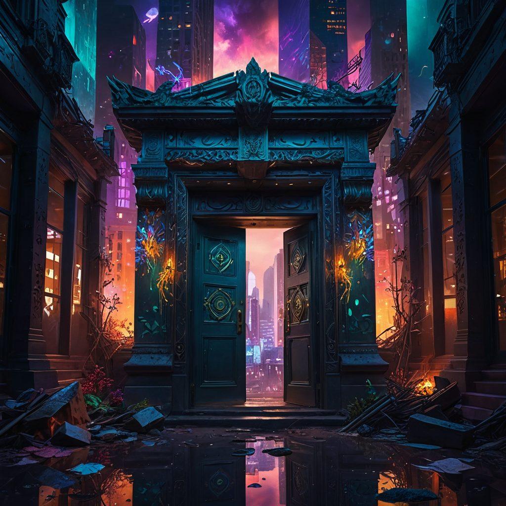 A vivid illustration of a mystical doorway surrounded by towering, fractured buildings representing a fractured society. Ethereal beings emerging from the doorway embodying rebellion and mysticism, with vibrant colors illuminating the dark surroundings. A blend of modern and ancient symbols scattered throughout the scene. Dreamlike atmosphere, inviting curiosity and wonder. surreal. vibrant colors. digital art.