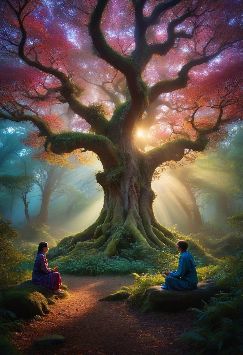A serene landscape depicting a hidden forest glade, where vibrant mystical symbols and ethereal lights float around ancient trees, blending nature with magical elements. In the foreground, a group of diverse individuals engage in a meditative practice, surrounded by soft glowing orbs and mystical plants. The atmosphere is imbued with a sense of tranquility and cosmic wonder. surrealism. vibrant colors. enchanted forest.